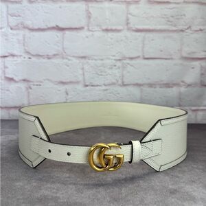 Gucci White Calfskin Leather Wide Belt Iconic GG Buckle 699752 90/36